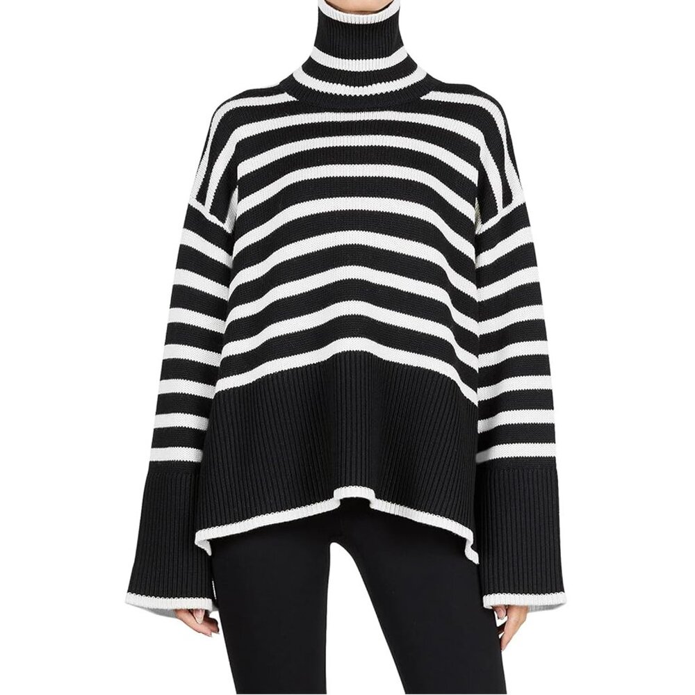 NEW, Women's Sweater, Knitted Turtleneck, Long Sleeve, Black Striped, X-Large